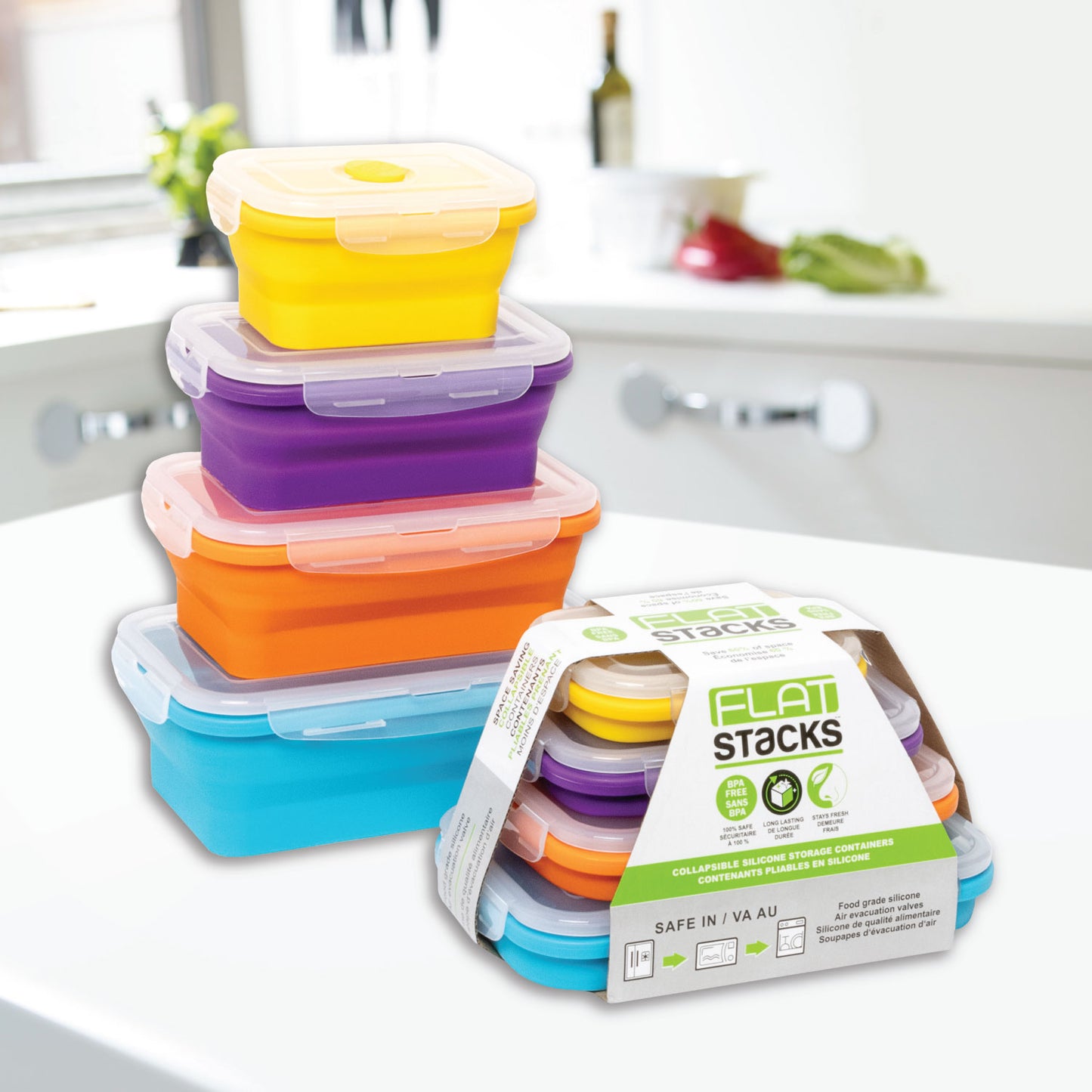 Set of 4 Collapsible Food Storage Containers with Lids, Flat