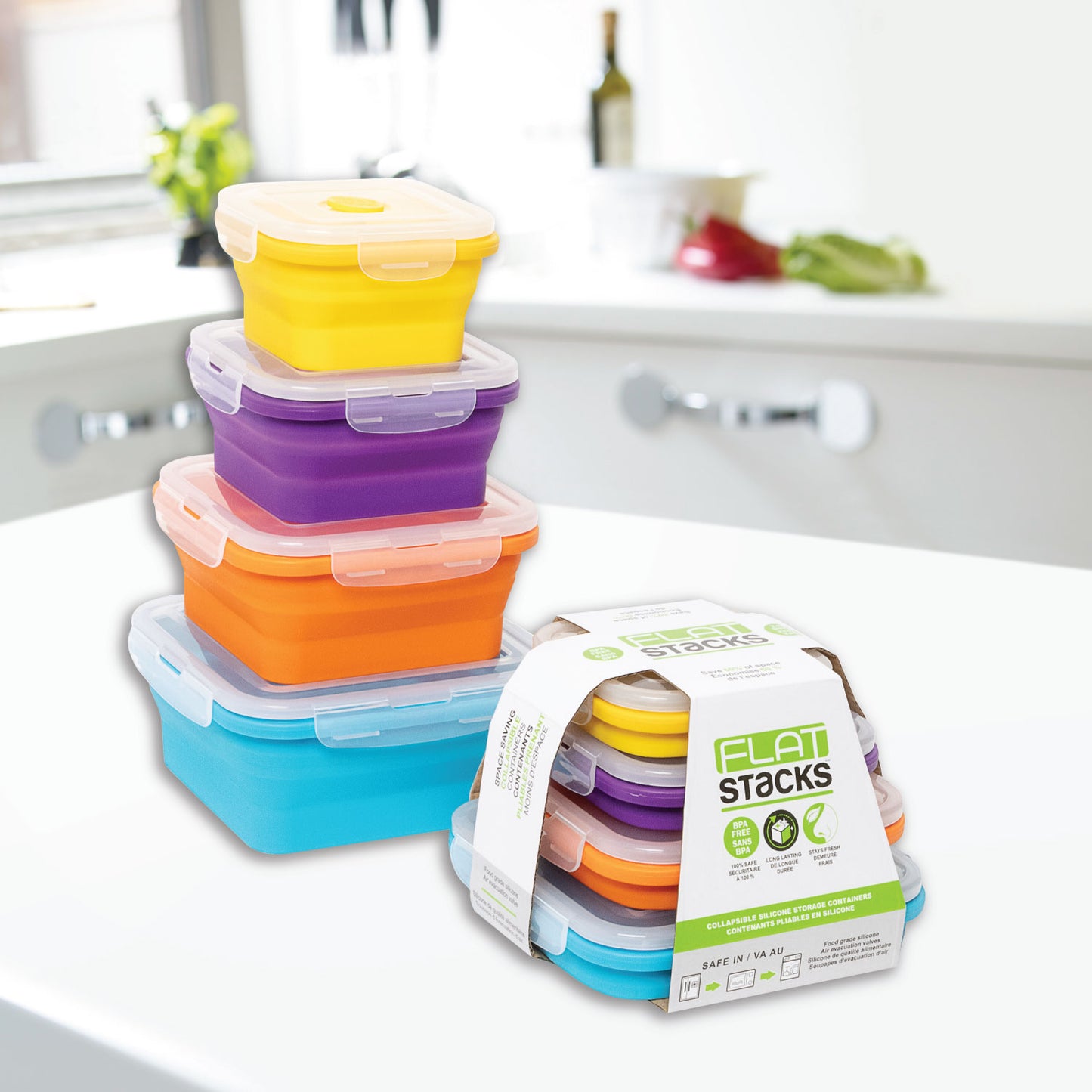 Set of 4 Collapsible Food Storage Containers with Lids, Flat